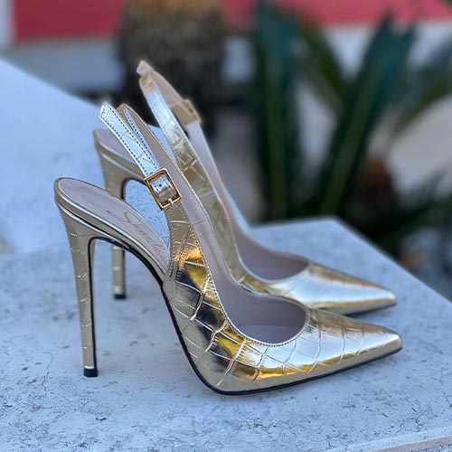 Slingback oro in eco-pelle laminata, tacco 10 cm | Primadonna Collection